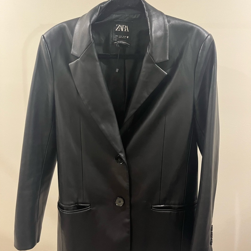 ZARA Black Faux Leather Blazer Jacket